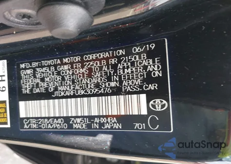 2019 Toyota Prius Xle z USA, uszkodzony, nr VIN JTDKARFU8K3095476